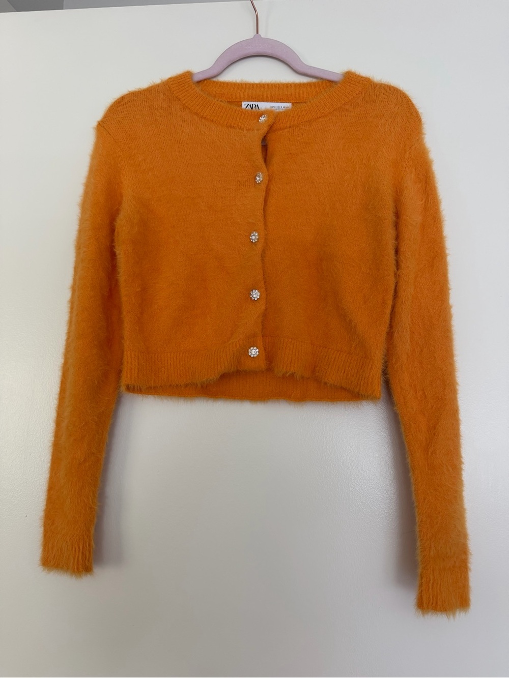 Zara Bright Orange Fuzzy Cropped Cardigan with Jewel Buttons